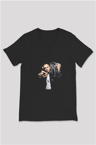 Eminem Baskılı Unisex Siyah V Yaka Tişört