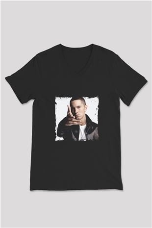 Eminem Baskılı Unisex Siyah V Yaka Tişört