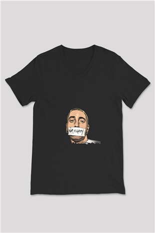Eminem Baskılı Unisex Siyah V Yaka Tişört