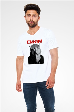 Eminem Beyaz Unisex V Yaka Tişört T-Shirt