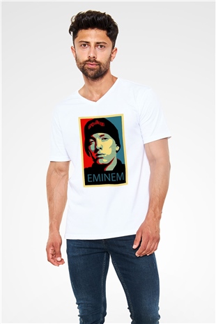 Eminem Beyaz Unisex V Yaka Tişört T-Shirt