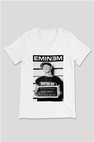 Eminem Beyaz Unisex V Yaka Tişört T-Shirt