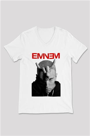Eminem Beyaz Unisex V Yaka Tişört T-Shirt