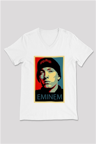 Eminem Beyaz Unisex V Yaka Tişört T-Shirt