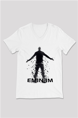 Eminem Beyaz Unisex V Yaka Tişört T-Shirt