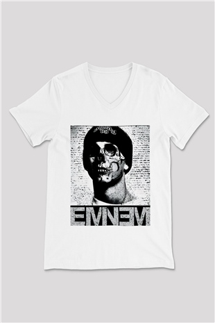 Eminem Beyaz Unisex V Yaka Tişört T-Shirt