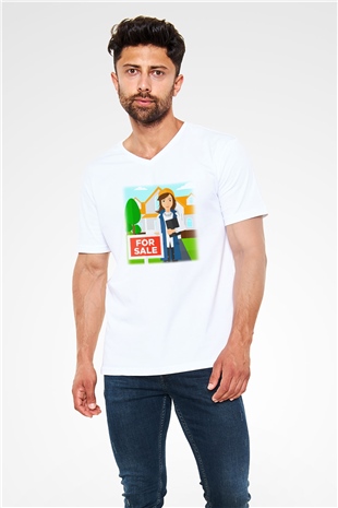 Emlakçı Beyaz Unisex V Yaka Tişört T-Shirt