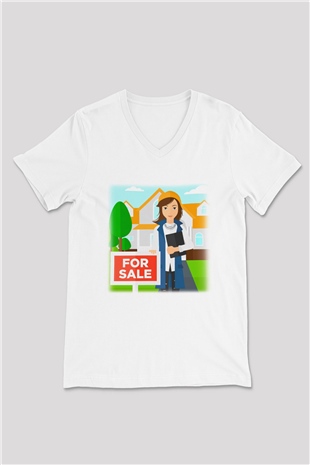 Emlakçı Beyaz Unisex V Yaka Tişört T-Shirt