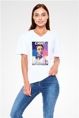 Emmy Noether Baskılı Unisex V Yaka Beyaz Tişört - Tshirt
