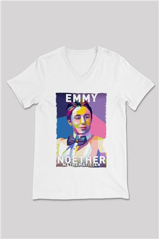 Emmy Noether Baskılı Unisex V Yaka Beyaz Tişört - Tshirt