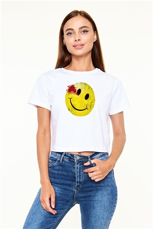 Emoji Baskılı  Beyaz  Crop Top Tişört
