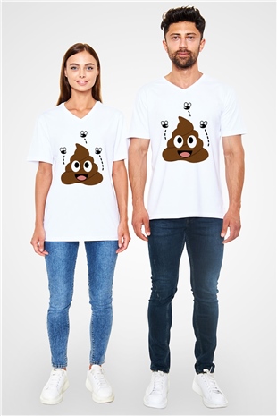 Emoji Baskılı Unisex Beyaz  V Yaka Tişört
