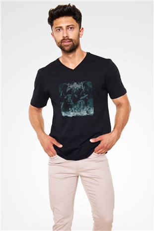 Emperor Baskılı Unisex Siyah V Yaka Tişört