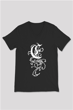 Empyrium Baskılı Unisex Siyah V Yaka Tişört - Tshirt