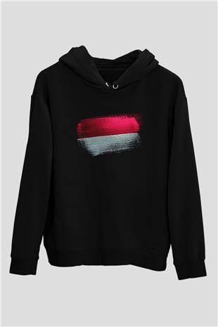 Endonezya - İndonesia Bayrağı Baskılı Unisex Siyah Hoodie