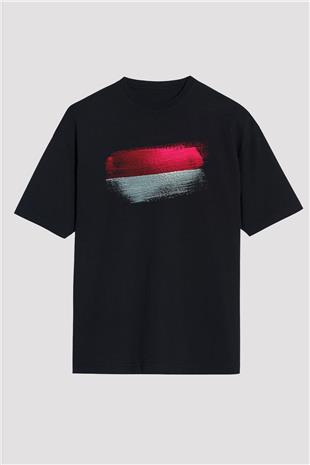 Endonezya - İndonesia Bayrağı Baskılı Unisex Siyah Oversize Tişört