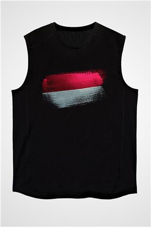 Endonezya - İndonesia Bayrağı Baskılı Unisex Siyah Kolsuz Tişört