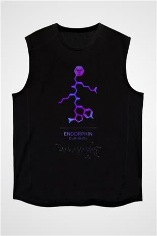 Endorfin Molekülü Baskılı Unisex Kolsuz Siyah Tişört - Tshirt