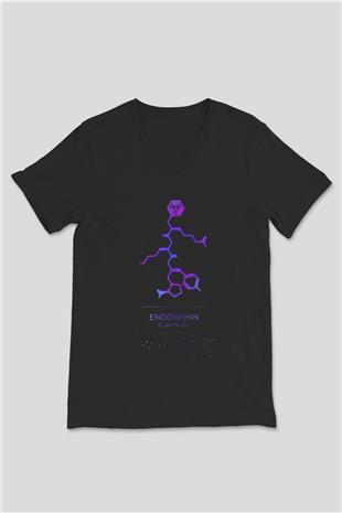 Endorfin Molekülü Baskılı Unisex V Yaka Siyah Tİşört - Tshirt
