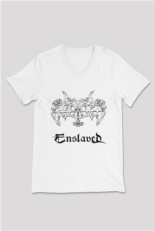 Enslaved Beyaz Unisex V Yaka Tişört T-Shirt