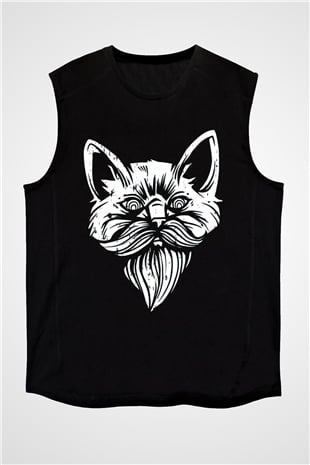 Entellektüel Kedi Baskılı Unisex Siyah  Kolsuz Tişört