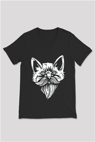 Entellektüel Kedi Baskılı Unisex Siyah  V Yaka Tişört