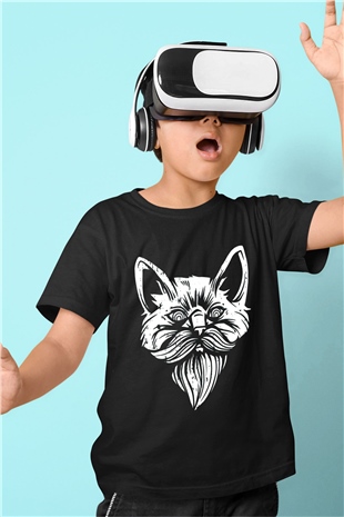 Entellektüel Kedi Baskılı Unisex Siyah  Çocuk Tişört