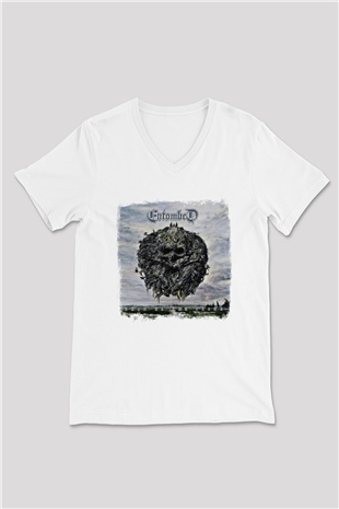 Entombed Baskılı Unisex Beyaz V Yaka Tişört