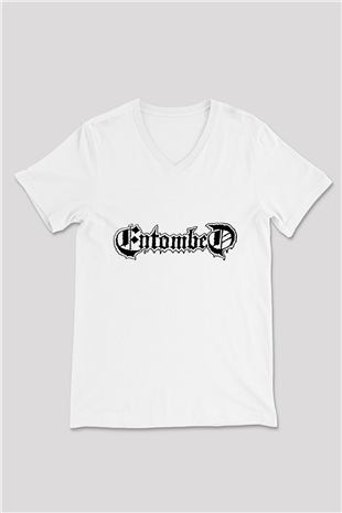 Entombed Beyaz Unisex V Yaka Tişört T-Shirt