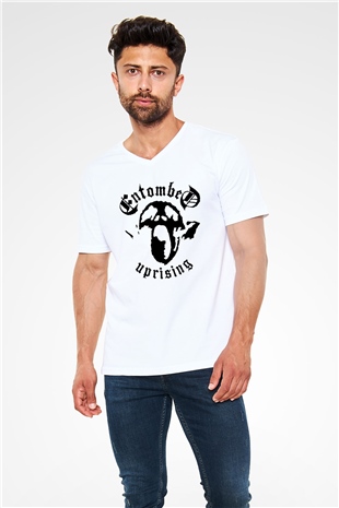 Entombed Beyaz Unisex V Yaka Tişört T-Shirt