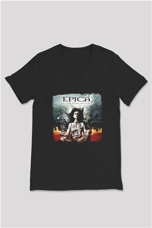 Epica Baskılı Unisex Siyah V Yaka Tişört
