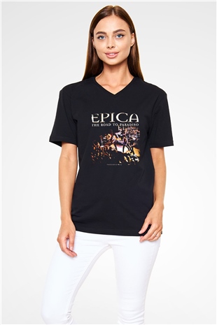Epica Baskılı Unisex Siyah V Yaka Tişört
