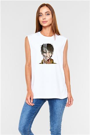 Eren Jaeger Baskılı Beyaz Unisex Kolsuz Tişört - Tshirt