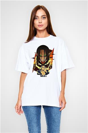 Eren Jaeger Baskılı Beyaz Unisex Oversize Tişört - Tshirt