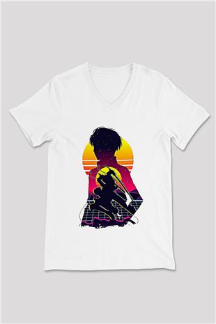 Eren Jaeger Baskılı Beyaz Unisex V Yaka Tişört - Tshirt