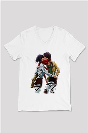 Eren Jaeger Baskılı Beyaz Unisex V Yaka Tişört - Tshirt