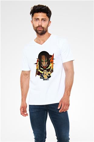 Eren Jaeger Baskılı Beyaz Unisex V Yaka Tişört - Tshirt