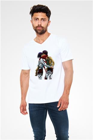 Eren Jaeger Baskılı Beyaz Unisex V Yaka Tişört - Tshirt