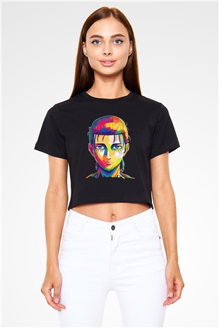 Eren Jaeger Baskılı Siyah Crop Top Kadın Tişört - Tshirt