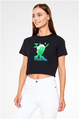 Eren Jaeger Baskılı Siyah Crop Top Kadın Tişört - Tshirt