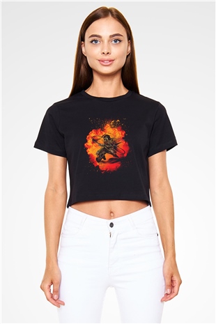 Eren Jaeger Baskılı Siyah Crop Top Kadın Tişört - Tshirt