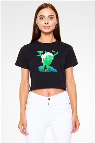 Eren Jaeger Baskılı Siyah Crop Top Kadın Tişört - Tshirt