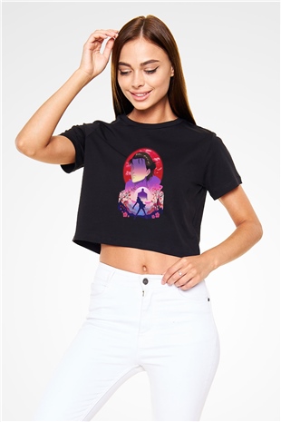 Eren Jaeger Baskılı Siyah Crop Top Kadın Tişört - Tshirt