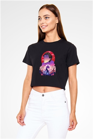 Eren Jaeger Baskılı Siyah Crop Top Kadın Tişört - Tshirt