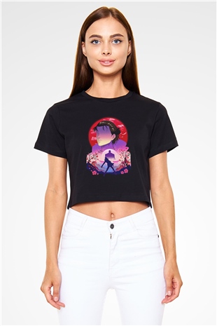 Eren Jaeger Baskılı Siyah Crop Top Kadın Tişört - Tshirt