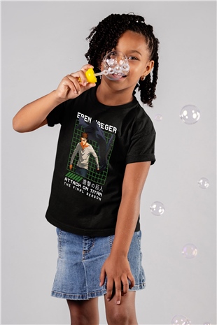 Eren Jaeger Baskılı Unisex Siyah Çocuk Tişört - Tshirt