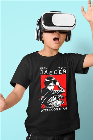 Eren Jaeger Baskılı Unisex Siyah Çocuk Tişört - Tshirt