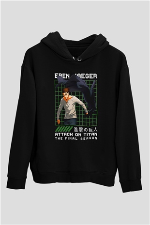 Eren Jaeger Baskılı Unisex Siyah Hoodie