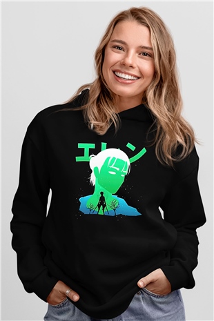 Eren Jaeger Baskılı Unisex Siyah Hoodie