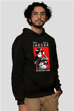Eren Jaeger Baskılı Unisex Siyah Hoodie
